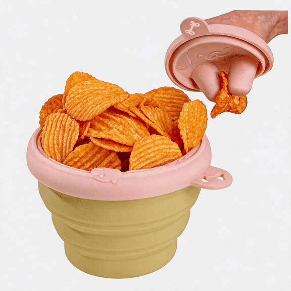MYMULIKE Snack Finger Container, 2-in-1 No-Mess Snack Container with Fingertip Cover Portable Silicone Foldable Food Containers for Travel Camping Outdoor Keep Hands Clean (Yellow)