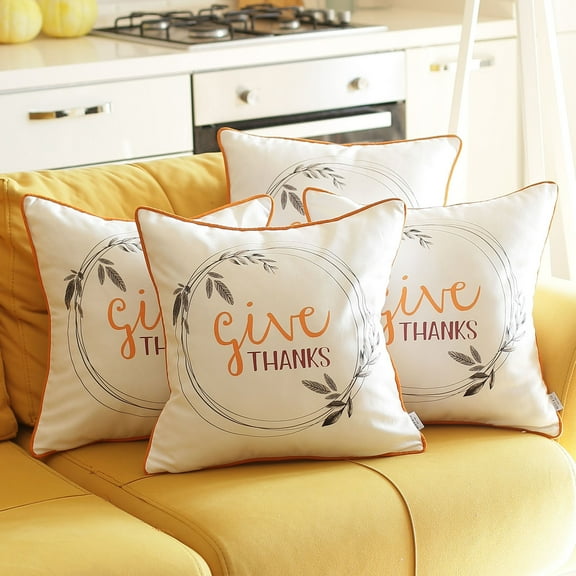 Fall Season Decorative Throw Pillow Set of 4 Quote 18 in. x 18 in. White & Orange Square Thanksgiving for Couch, Bedding