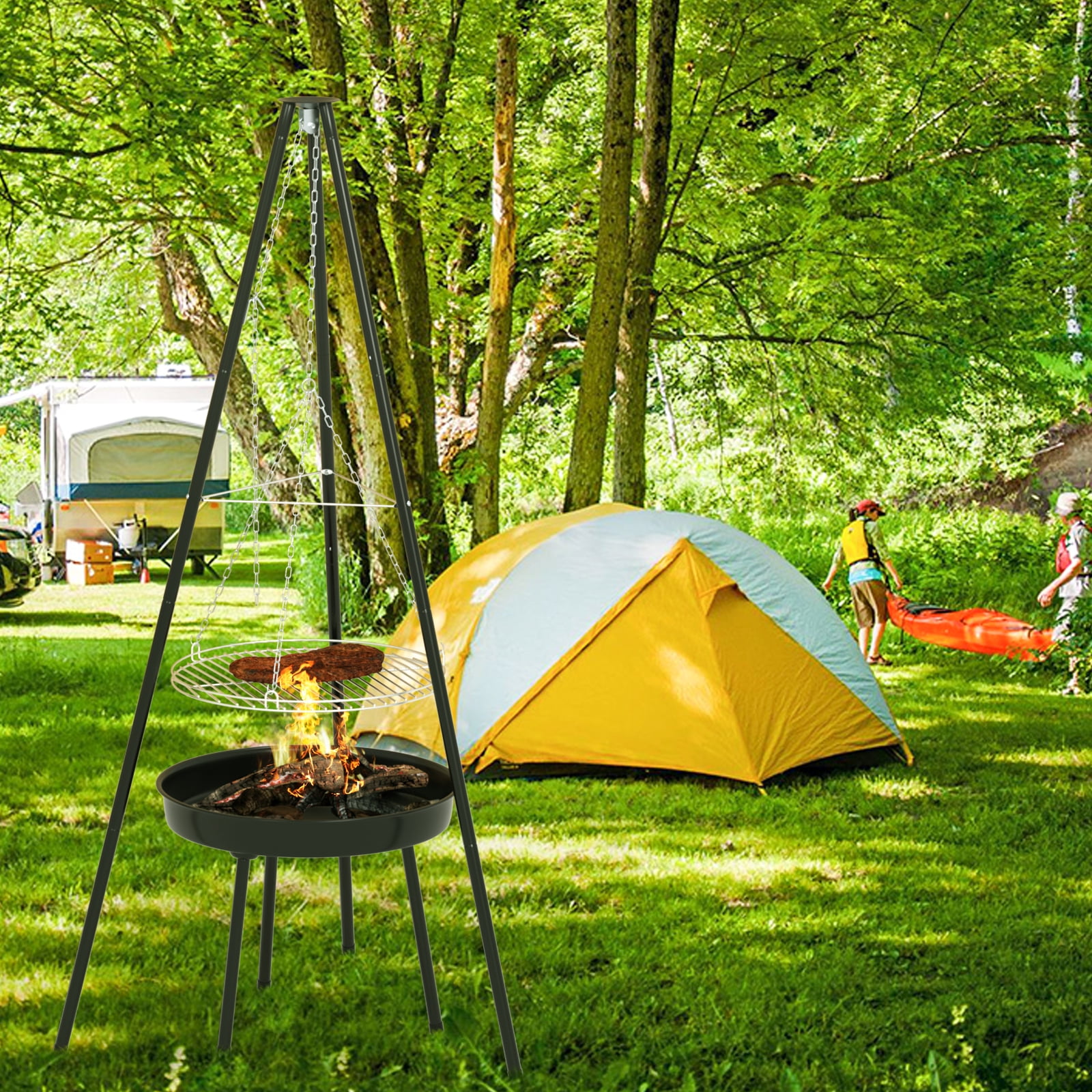 Camping Fire Pit Portable, Outdoor Height-Adjustable Hanging Tripod with Stainless Steel Barbecue Net and Charcoal Barbecues Grill Tall Garden Patio Heater for Campfire Cooking Pot Rack black