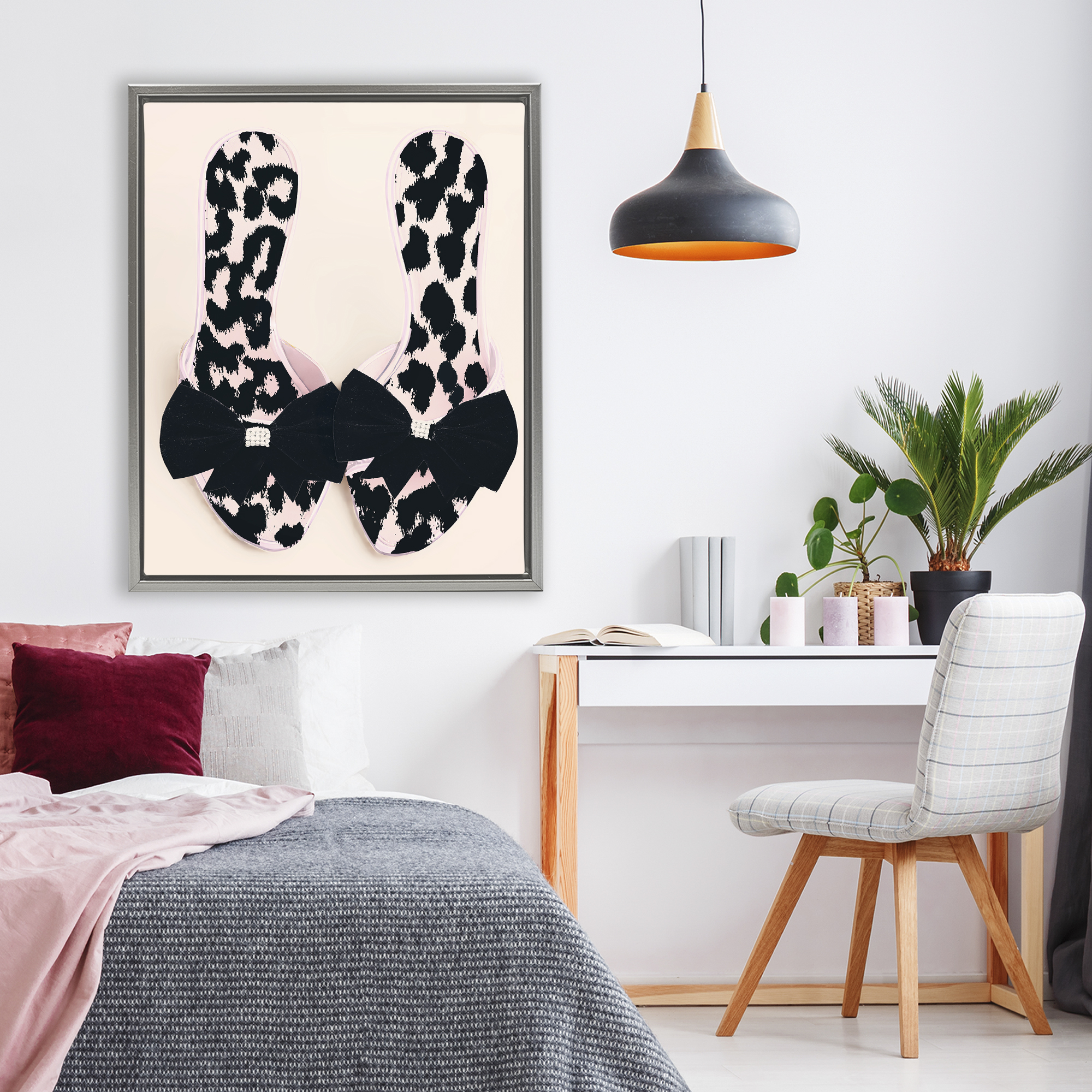 Cat Walk Spotted Shoes Gray Framed Floater Canvas Wall Art, design by Annabelle Hall