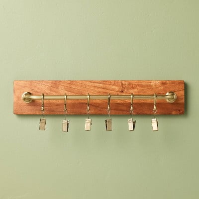 Brass and Wood Wall Rail with Clips