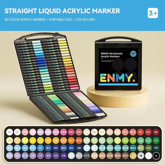 ENMY 80 Colors Direct‑Liquid Acrylic Paint Markers, Brush Tip Water‑Based Art Pens with Black‑Box Storage Case for Paper, Rock, Wood, Glass, Canvas, Ceramic