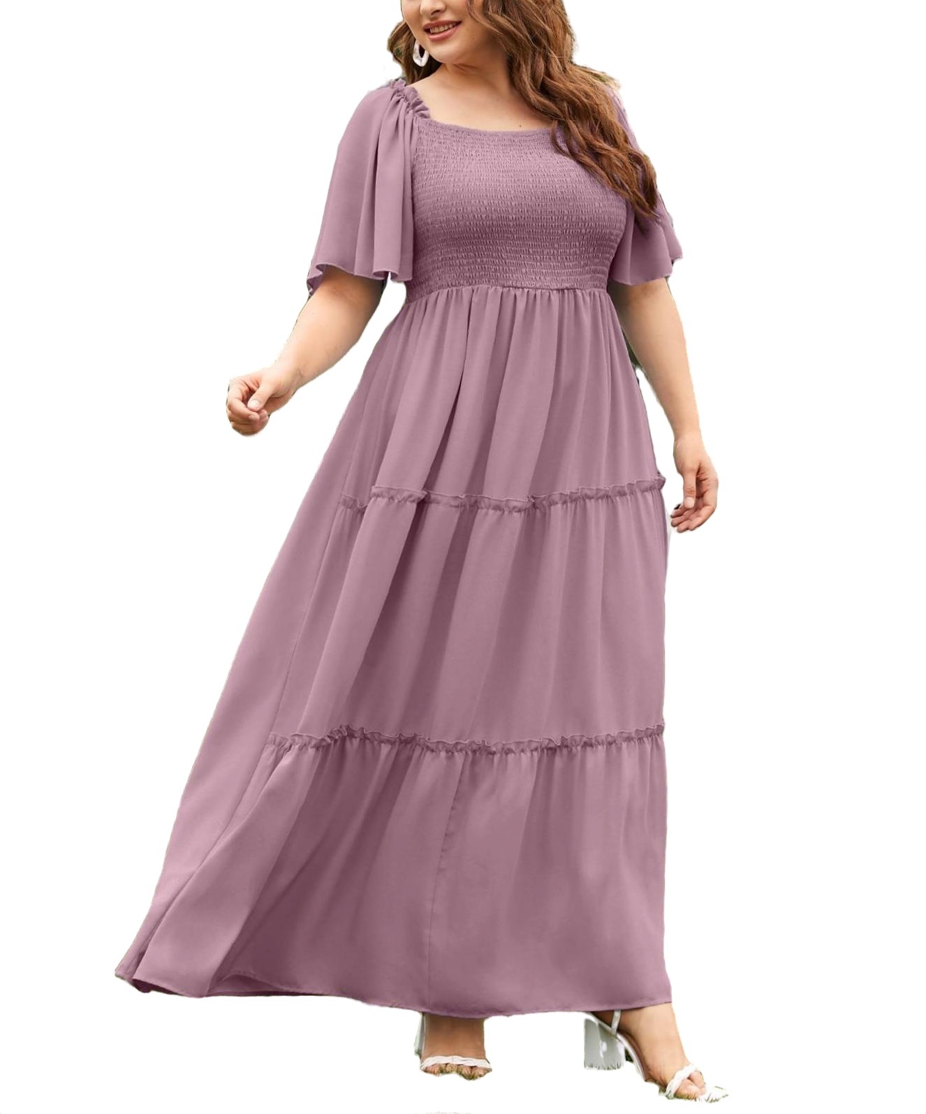Elegant Square Neck A Line Dress Short Sleeve Mauve Purple Plus Size