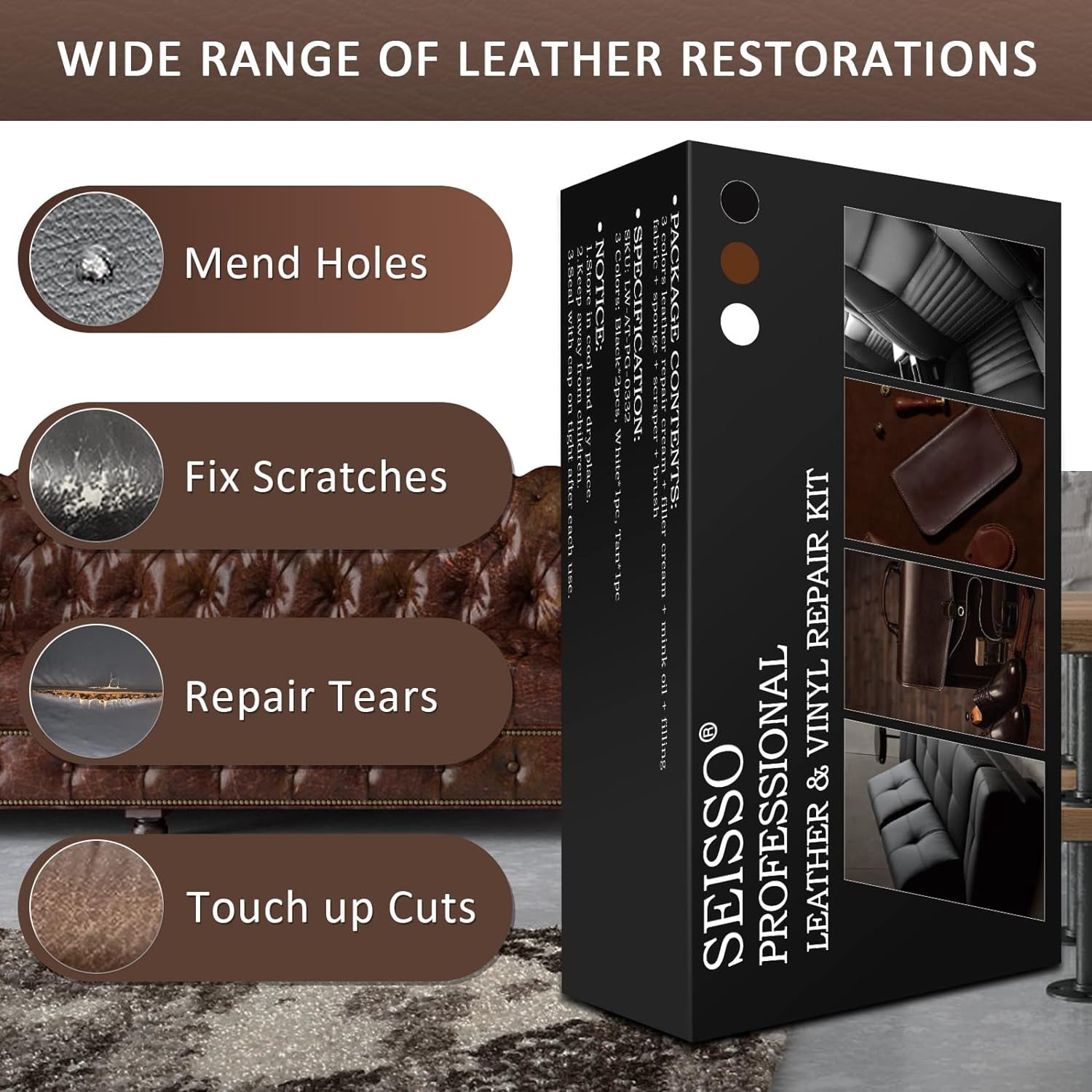 Leather Repair Kit for Furniture, Vinyl Car Interior Leather Dye with Mink Oil, Leather Filler Restore for Sofa Couch Cat Scratches Vinyl Seat