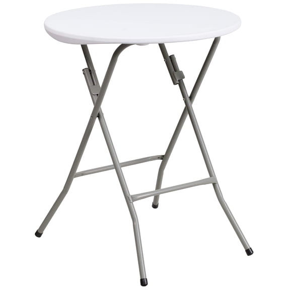 2 ft Round White Plastic Folding Table with Gray Metal Legs