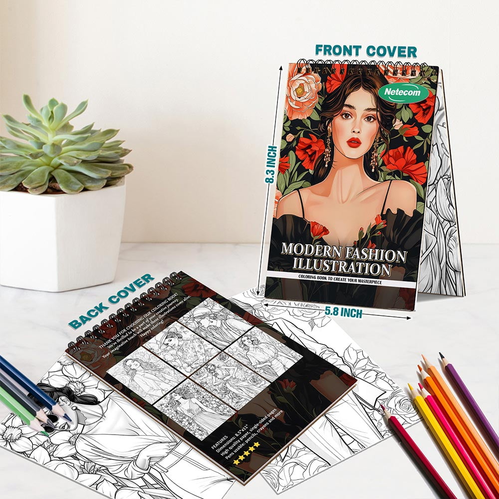 Netecom Modern Fashion Illustration Coloring Book Spiral Bound For Adults, A5 Wooden Cover, 30 Charming Coloring Pages for Relaxation and Stress Relief