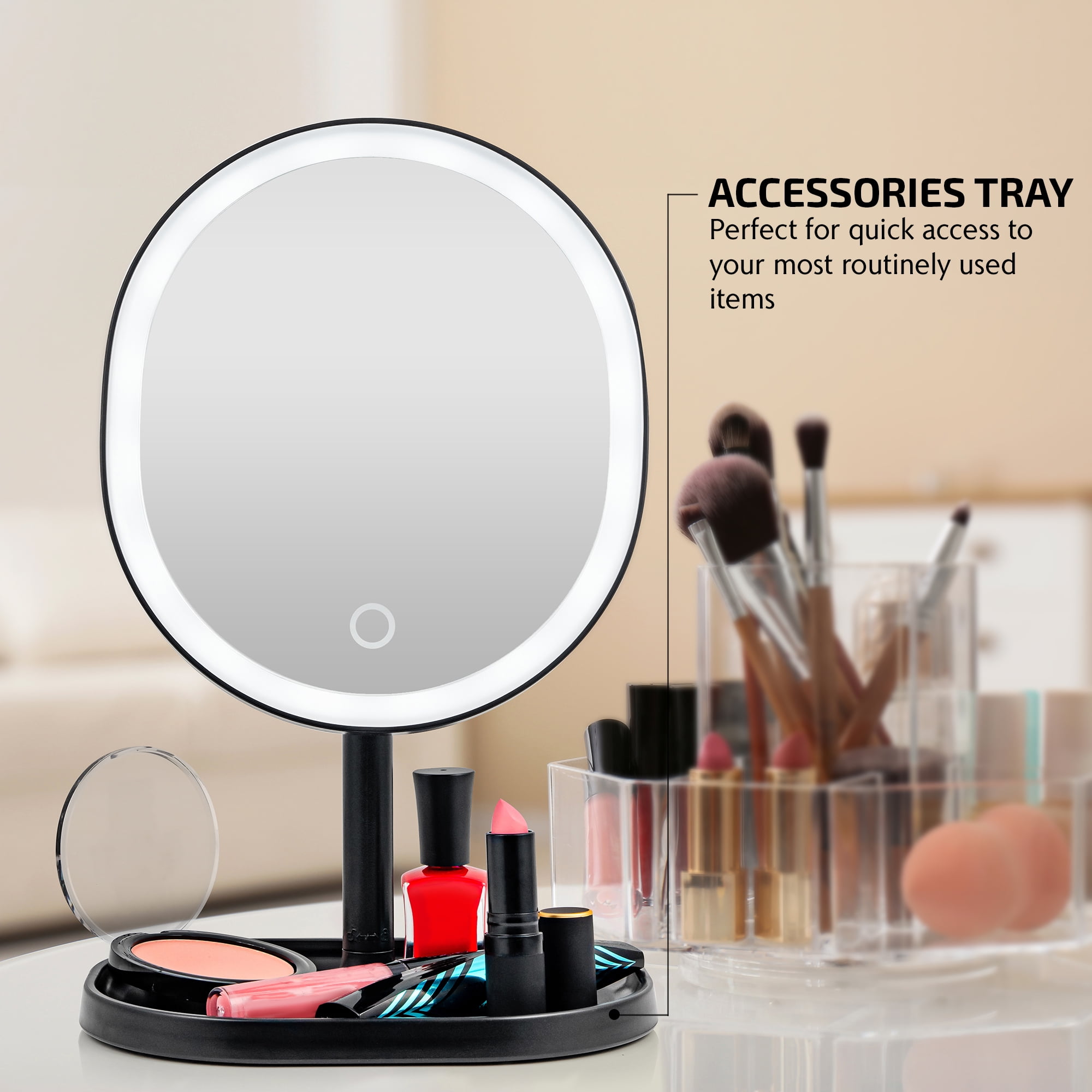 OVENTE 9" Rechargeable Lighted Tabletop Makeup Mirror with Mini Magnetic 10X Magnifying Mirror, Touch Screen Dimmable LED Lights, Portable Vanity Mirror Perfect for Bathroom or Travel, Black MOT22B