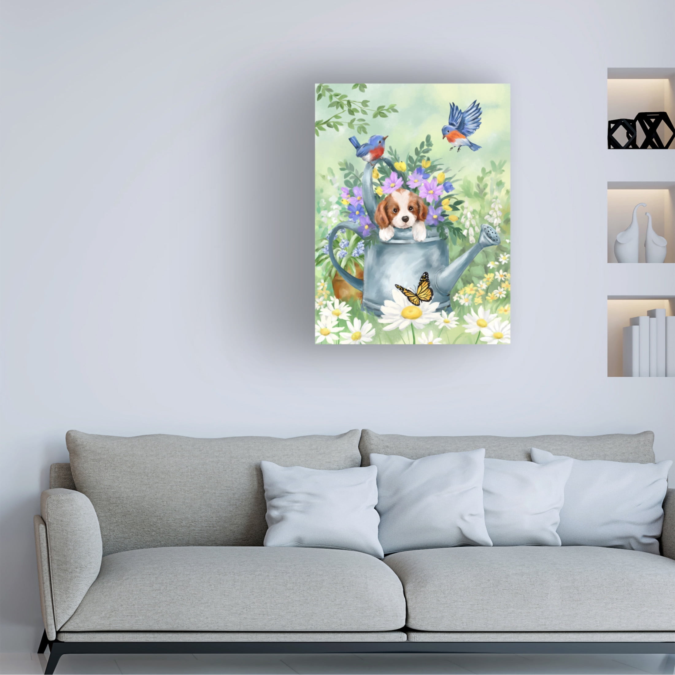 Canvas Wall Art - MAKIKO 'Puppy in Water Carrier' Wall Art for Living Room, Bedroom, or Office Décor by Trademark Fine Art - 18 x 24 Inches