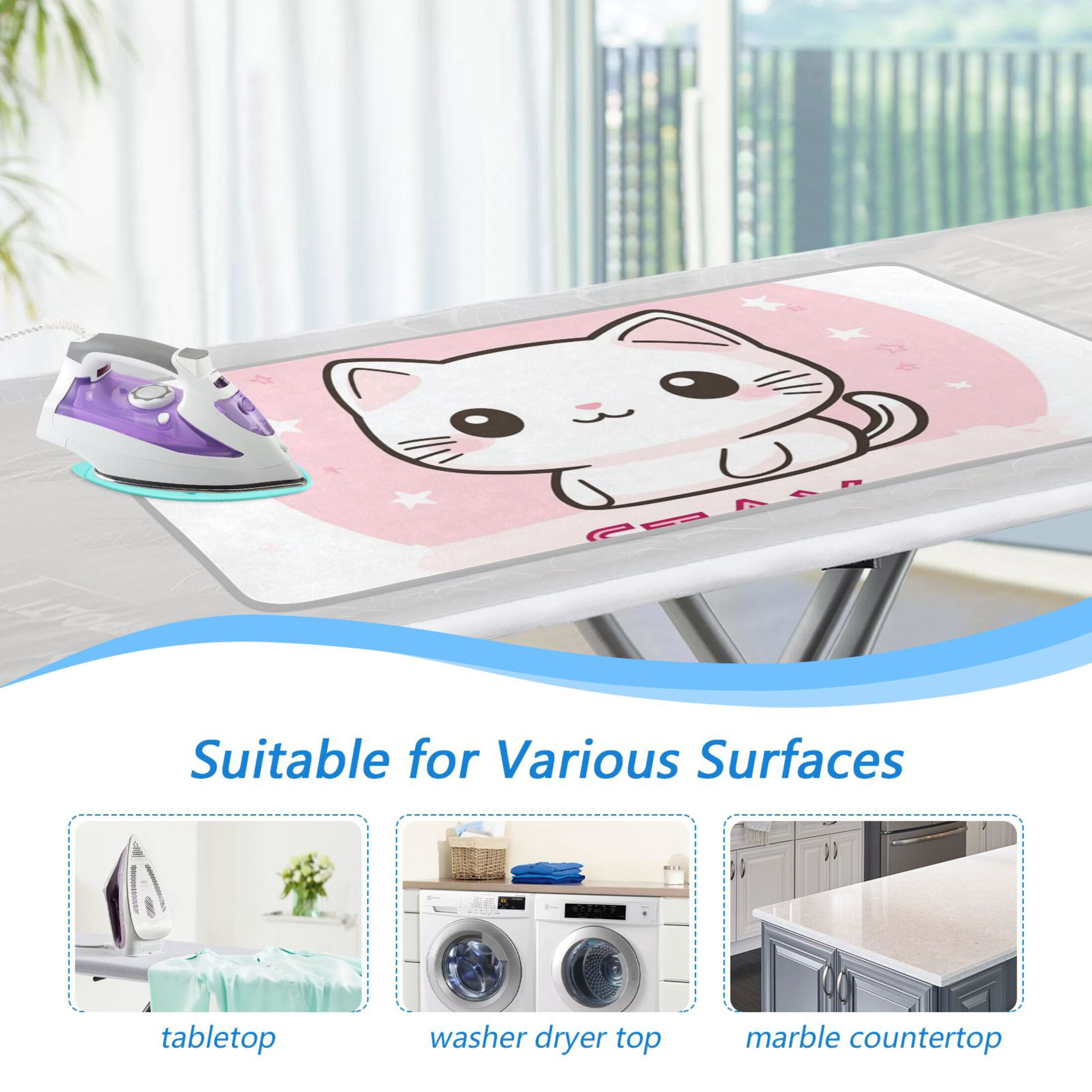 Cute White Cat Stay Cool Stars Ironing Mat Blanket Portable Travel Ironing Pad Heat Resistant Pad 47.2" x 27.6”