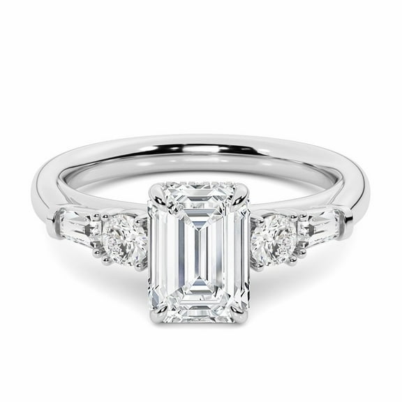 Divine Jewel 14K White Gold Plated 2.24 Ct Emerald Cut Lab Created Diamond Ring - Three Stone With Side Baguette Design - Stunning Engagement Ring - Perfect Wedding Jewelry - Beautiful Gift for Women