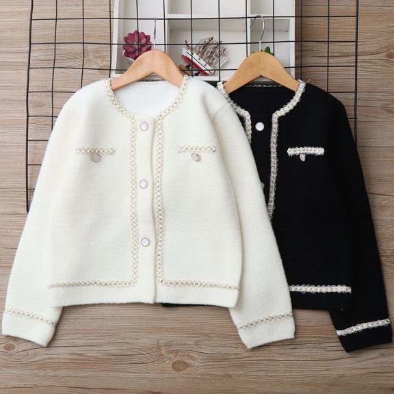 AINIYS Little Girls Cardigan Crewneck Sweater Long Sleeve Button Kids Trendy Solid Coat Black 5 Years