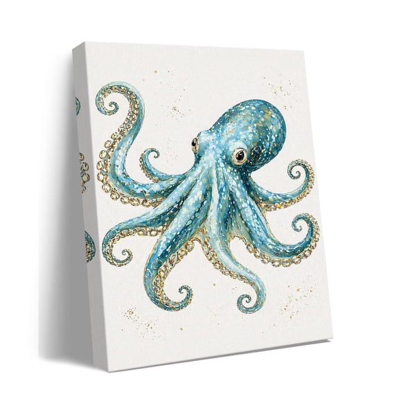 Blue Octopus Canvas Wall Art, Coastal Watercolor Sea Animal Print, Nautical Ocean Decor For Bathroom Bedroom