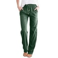 thumbnail image 1 of YFELWZ Womens Plus Size Loose Drawstring Button Casual Wide Leg Long Pants Solid Color Linen Trousers Dark Green M, 1 of 4
