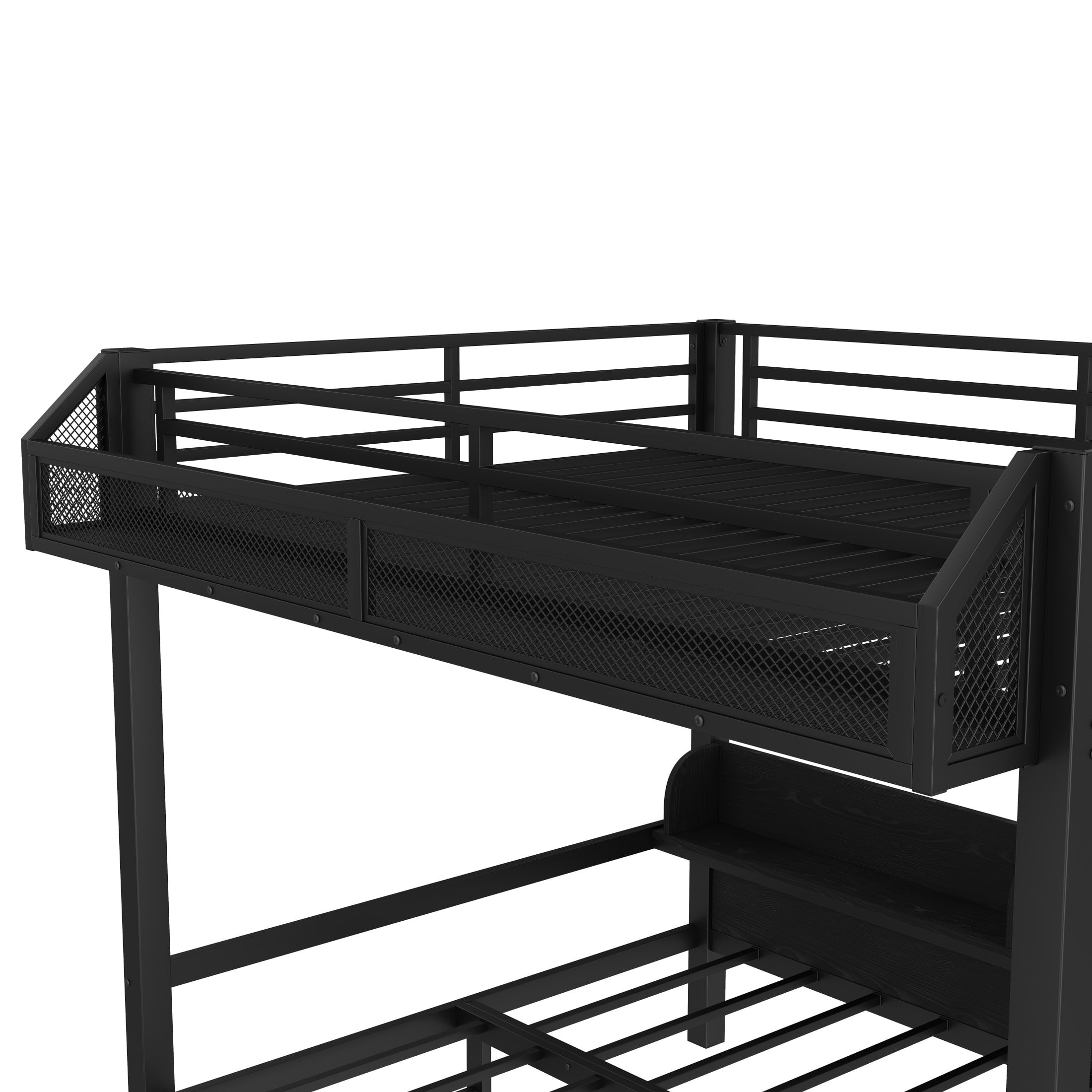 Aukfa Full over Full Metal Bunk Bed with Storage Drawers, Shelves, USB Ports & LED Lights, Convertible Bottom Sofa Bed, Heavy-Duty Bed Frame for Kids Teens Adults, Black