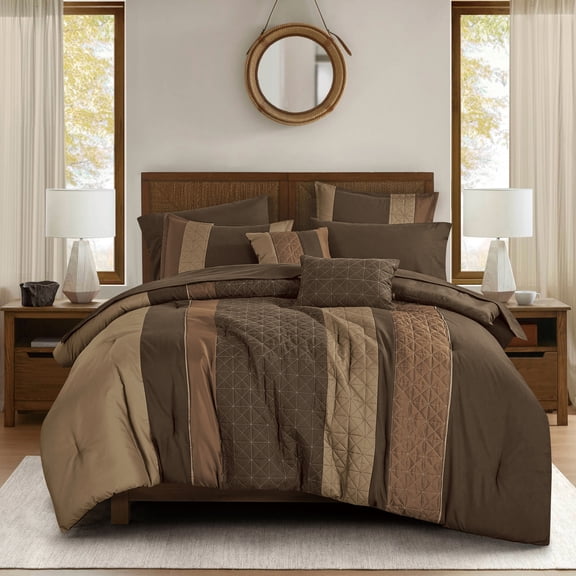 ESCA Elihu 9‑Piece Luxury Bed‑in‑a‑Bag Comforter Set, Brown Rustic Patchwork Geometric Quilted Bedding,QUEEN