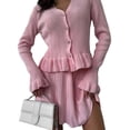 thumbnail image 3 of Women'S Two-Piece Knit Set Long Sleeve V-Neck Sweater with Ruffle Hem Mini Skirt Loungewear Pink S, 3 of 7