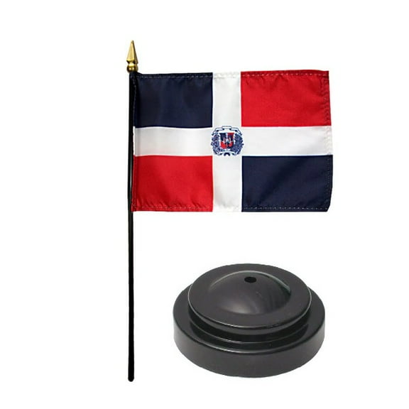 Dominican Republic Desk Flag with Base; American Made Rayon 4x6 inch Miniature Table Set Includes One Small Mini Country Stick Flags and One Black Stand (Dominican Republic Desk Flag and Base)