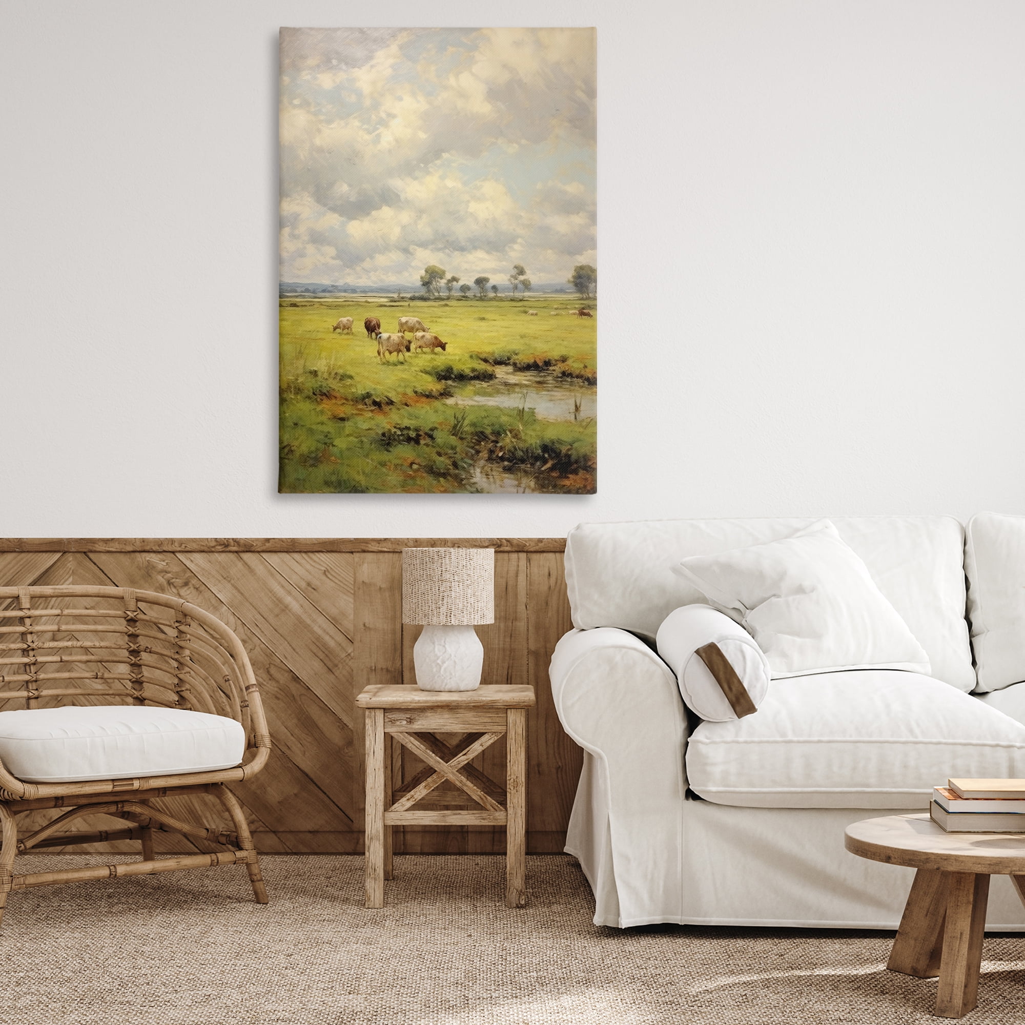 Stupell Industries Grazing Cows Countryside Landscape Painting Gallery Wrapped Canvas Art Print Wall Art, 30 x 45