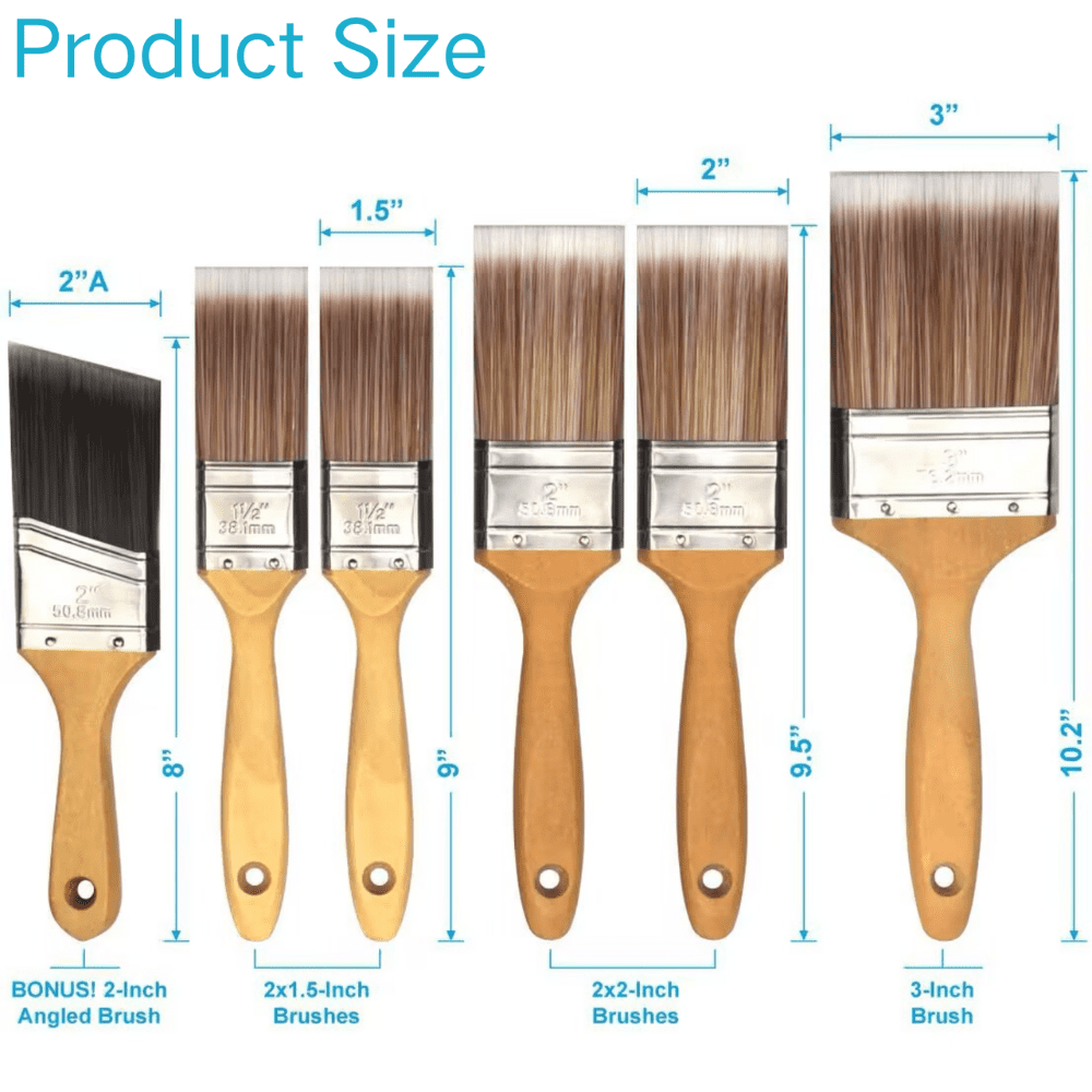 KINGORIGIN 6 Piece Paint Brush Set – 1.5", 2", 3" and 2" Angled Brush Sizes for House Painting, Wall, Furniture, Trim, and Fence Refinishing