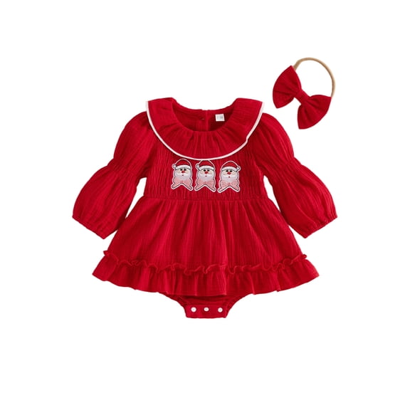 RUINIXCW Newborn Baby Girl Christmas Outfit Smocked Romper Dress Infant Baby Girl Fall Winter Clothes Puff Long Sleeve Ruffled Dress with Headband
