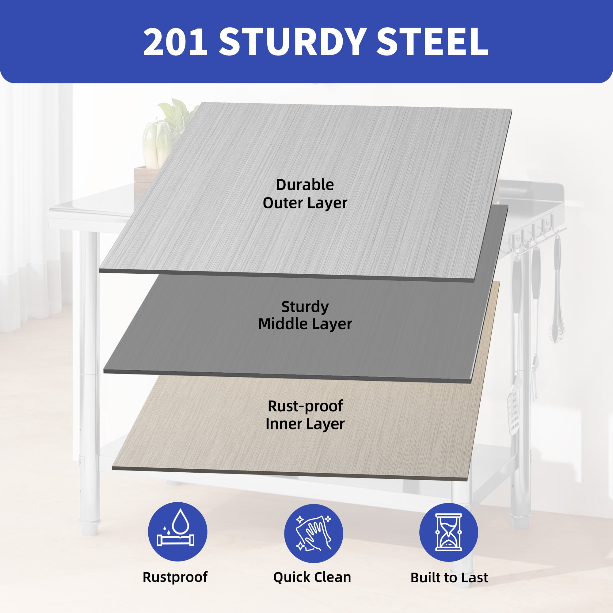 ModFusion 48" Stainless Steel Prep Table with Hooks, Backsplash, 4x2x2.7 ft Adjustable Food Storage, Commercial Workstation Restaurant Home Hotel