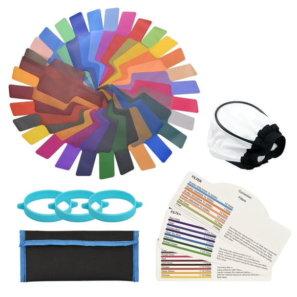 30 pcs/set Universal Flash Filter Flash Gels Color Correction Filters for Camera Speedlite Flash Light with Carrying Bag, Light Diffuser and -Band