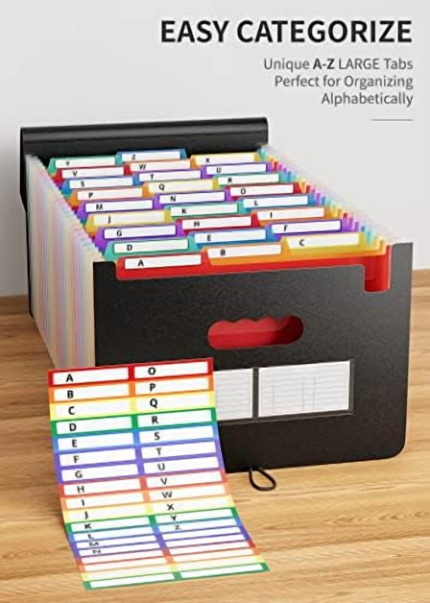 26 Pockets Expanding File Folder, Letter A4 Accordion File Organizer, 3 Tab File Folder, Portable Monthly Paper Bill Tax Receipt Organizer with Colorful A-Z Alphabetical Tabs - Black