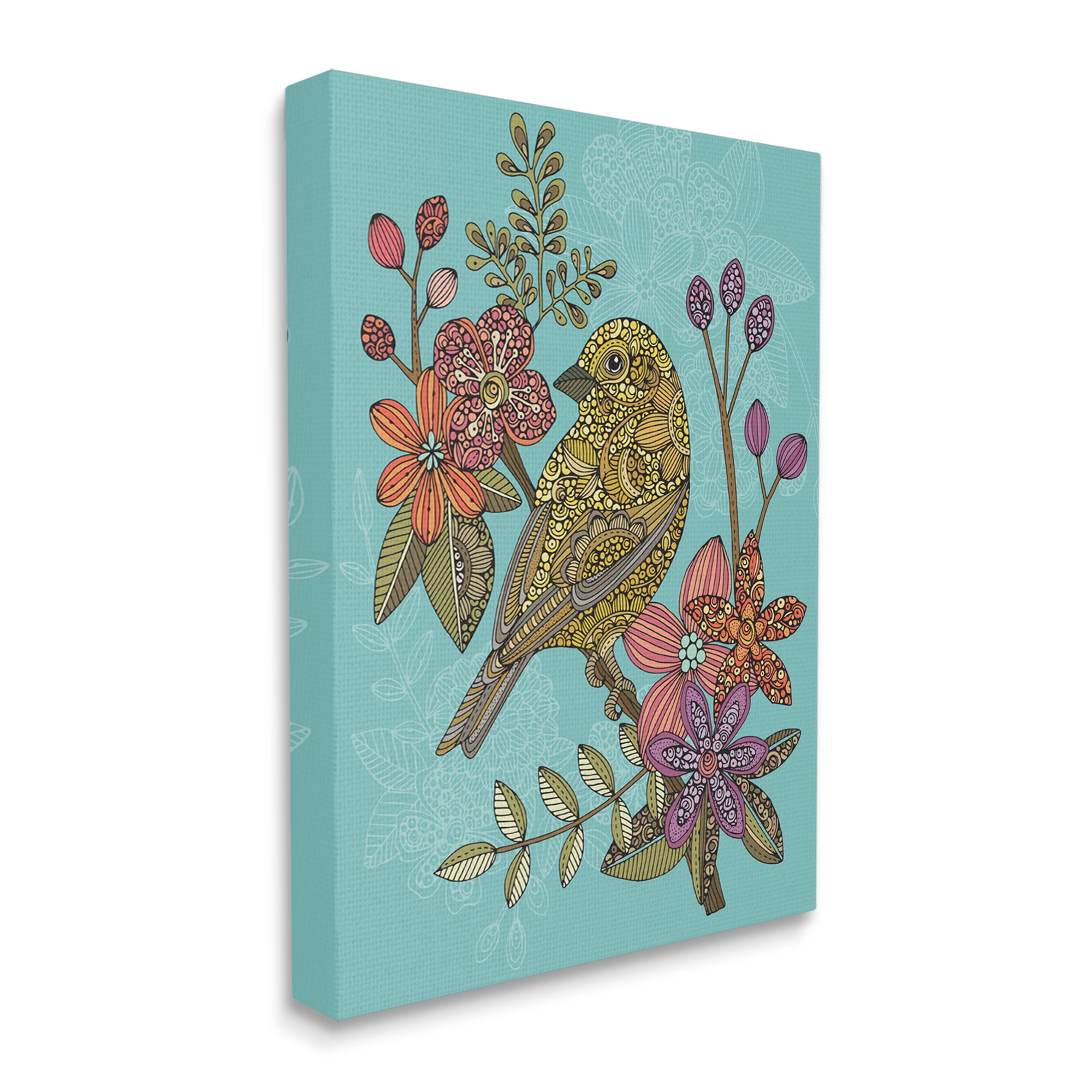 Stupell Industries Finch Perched Flower Branch Intricate Pattern Designs Graphic Art Gallery Wrapped Canvas Print Wall Art, Design by Valentina Harper