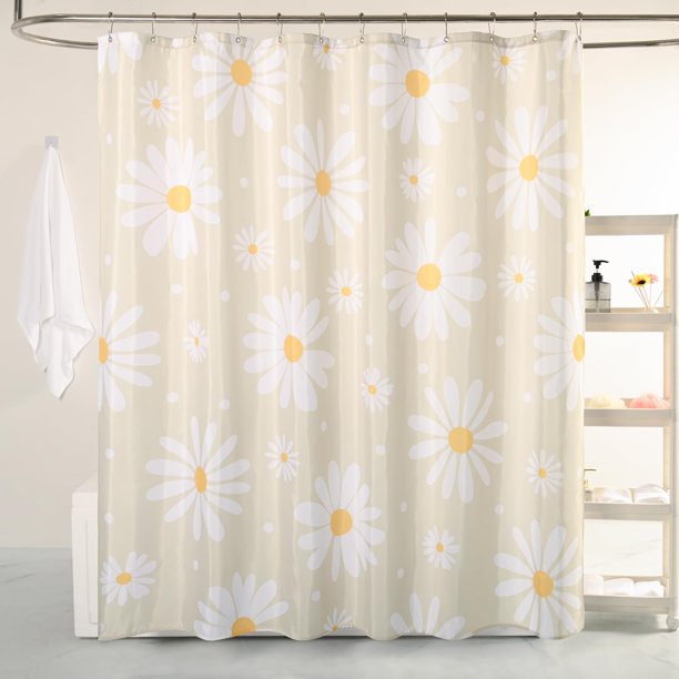 Qjhomo Juego De Cortinas De Ducha Florales De Color Beige, Linda Cortina De Baño Color Crema De Margaritas, Tela Impermeable Lavable, Cortina De Ducha Extra Larga Con 12 Ganchos, Cortinas De Ducha De