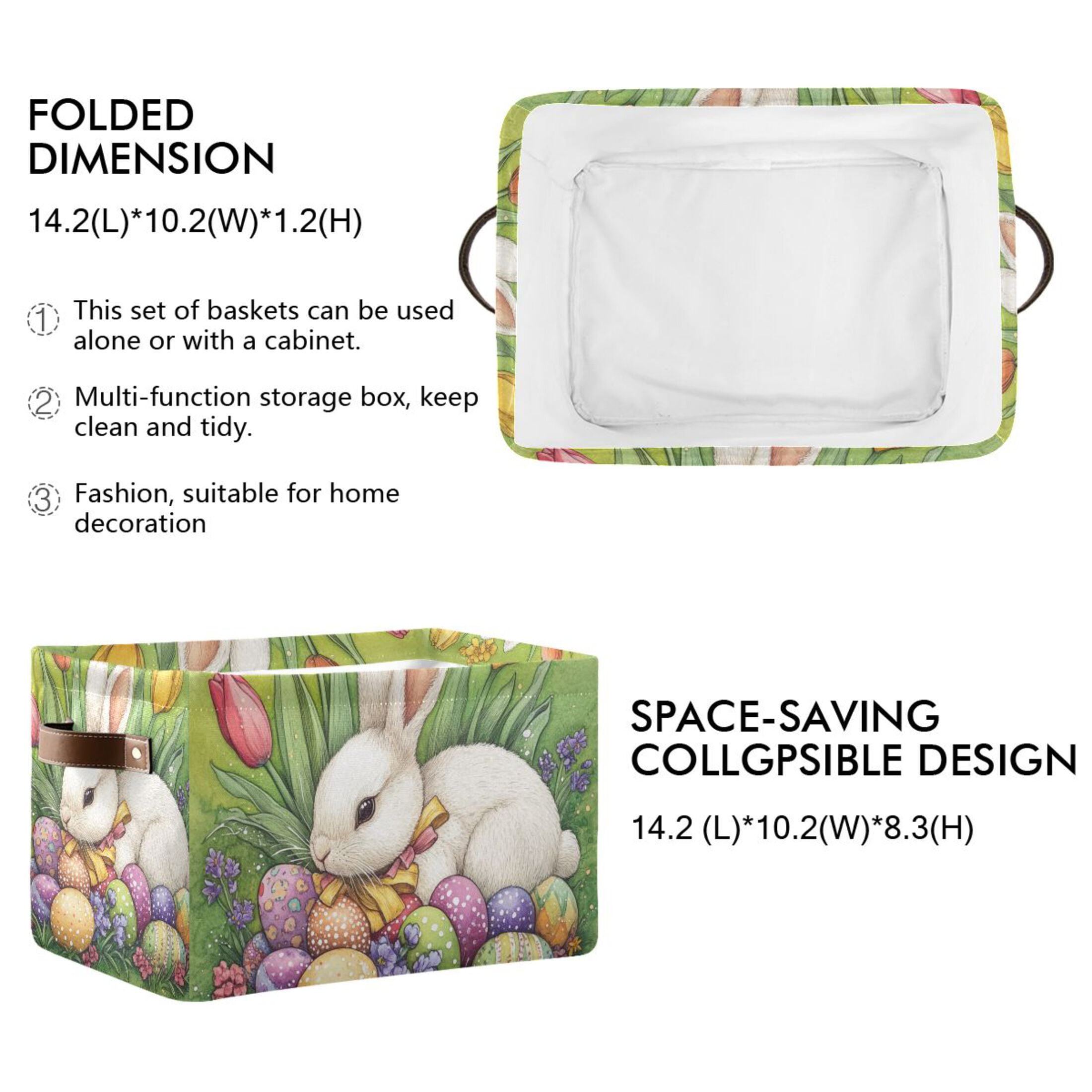 WOBOGO Easter White Bunny Square Storage Basket with Waterproof Canvas and PE Lining Durable PU Leather Handles 14.2×10.2×8.3in