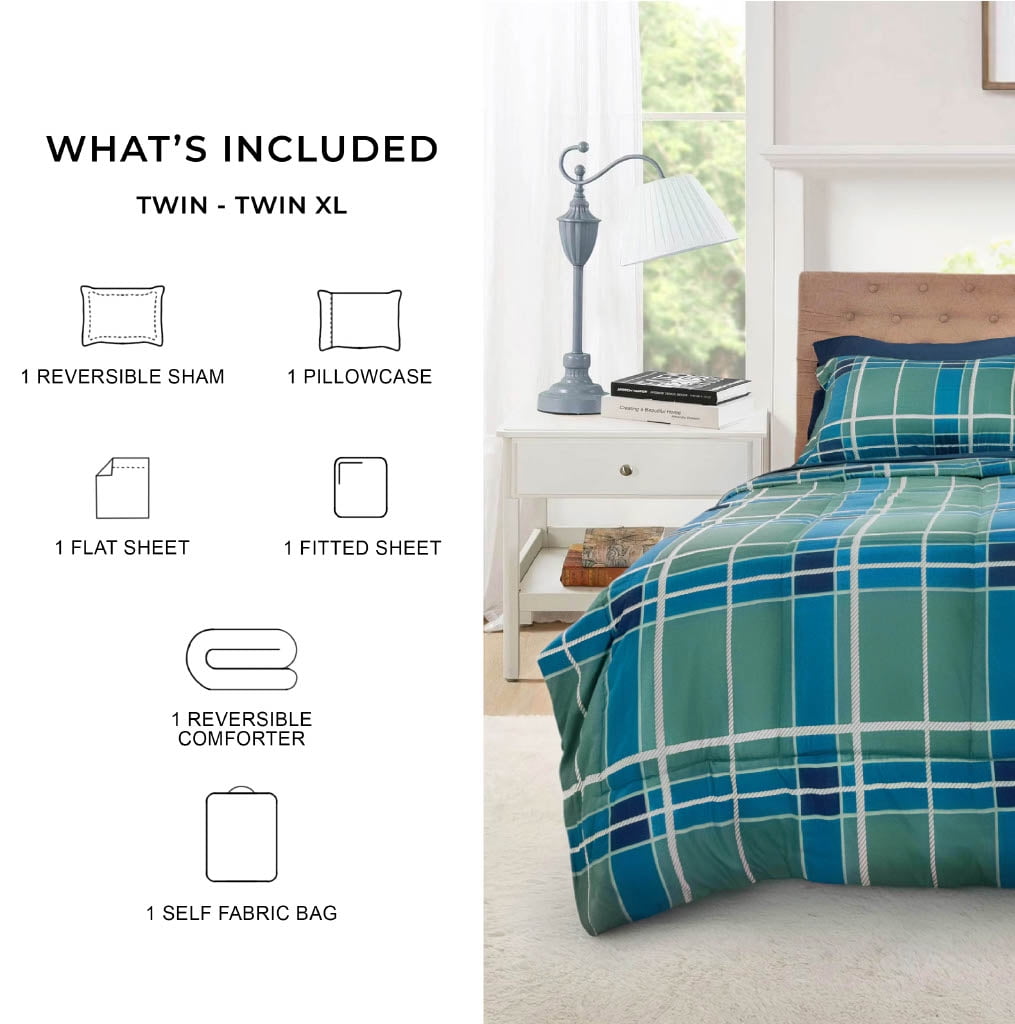 Mainstays All in One Reversible Comforter and Sheet set- 5 Piece, Twin, Green and Navy Plaid