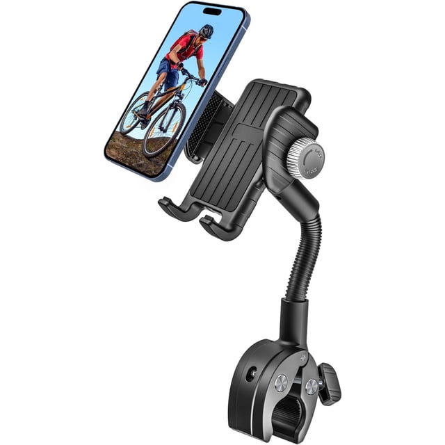 woleyi Soporte Movil Bicicleta tatica, Soporte Teléfono Cinta de Correr con Cuello de Cisne, Bici Spinning Tubo Manillar Soporte para iPhone 16 15 14 13 12 Pro MAX/Plus/Mini, 4.7-6.9” Smarhone