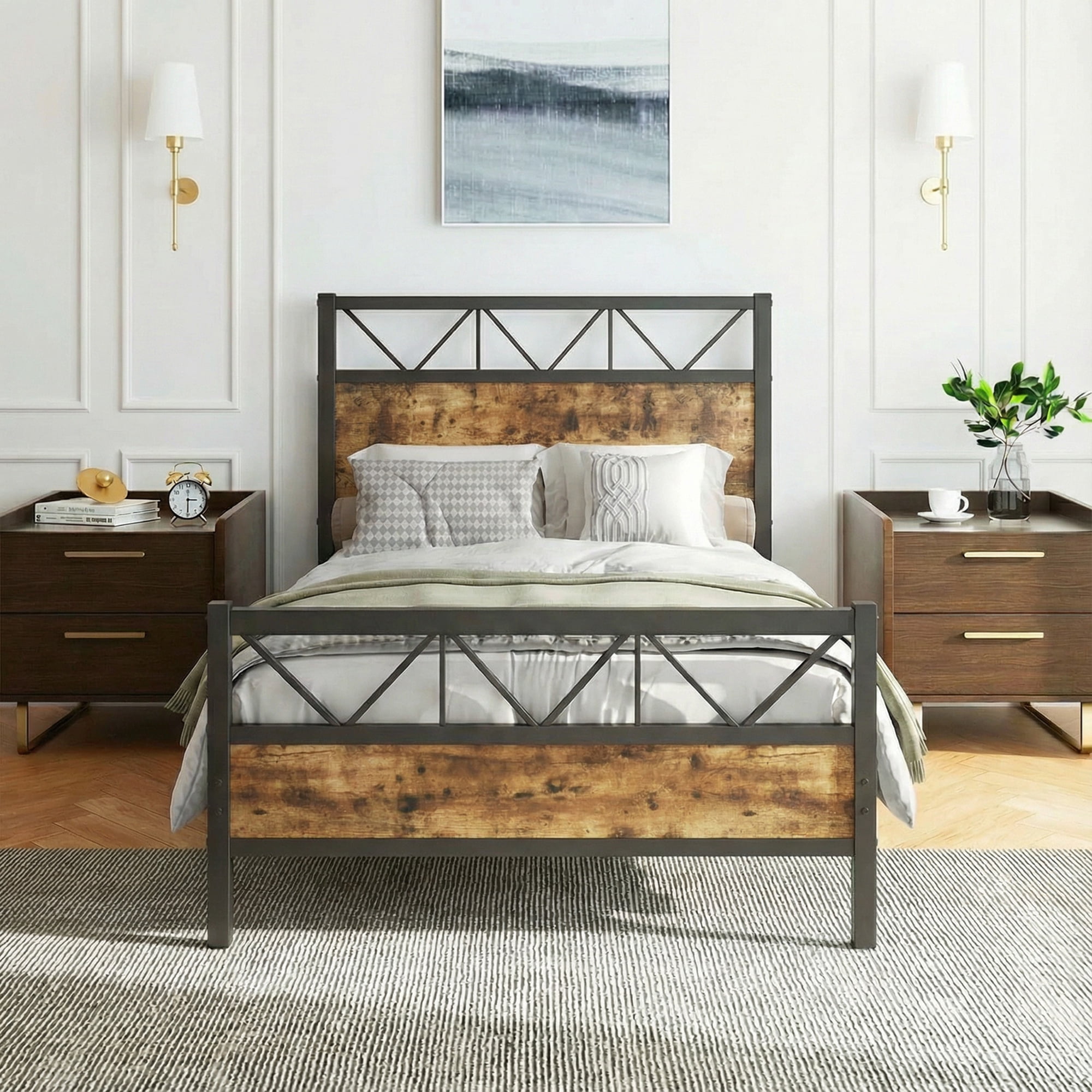 4 EVER WINNER 51.2" Industrial Metal Twin Bed Frames with Tall Headboard & Footboard, Strong Metal Slats Support and Noise-Free Design with Under Bed Storage/No Box Spring Needed, Rustic Brown