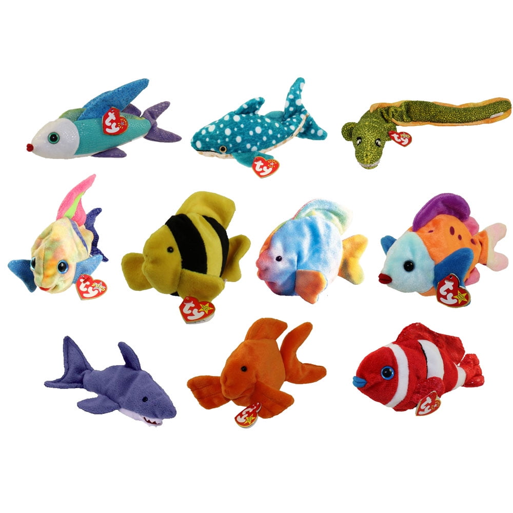 TY Beanie Babies SET OF 10 FISH & SEALIFE (Coral, Aruba, Bubbles