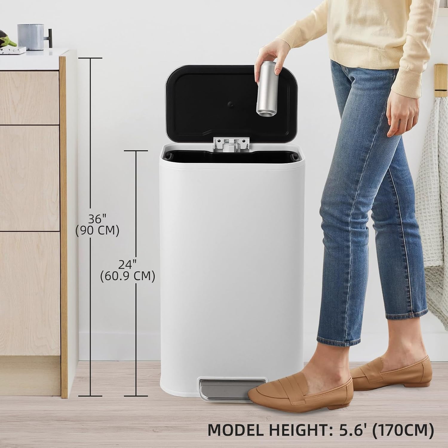 Lumiparty Bathroom Trash Can, 8 Gallon Stainless Steel Garbage Can with Lid & Inner Bucket, Recycling Bin for Home Batbroom Office Living Room, White