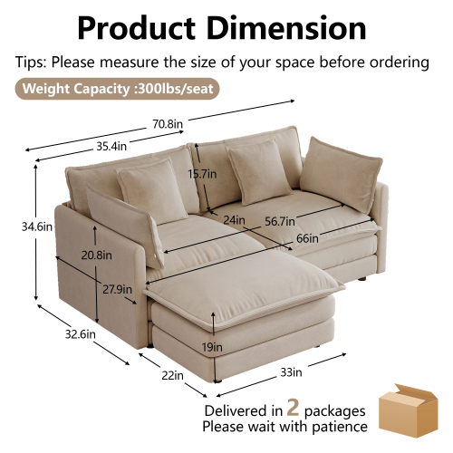 70.8" L-Shaped 2-Seater Sofa with Ottoman & 5 Pillows, Chenille Modular Sectional Couch for Small Spaces, Light coffee