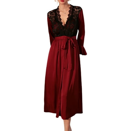 Tao Tao Womens Long Robe Kimono Lace Silk Satin Bathrobe Dress Babydoll Plus Size Pajama Nightgown With Belt Burgundy M