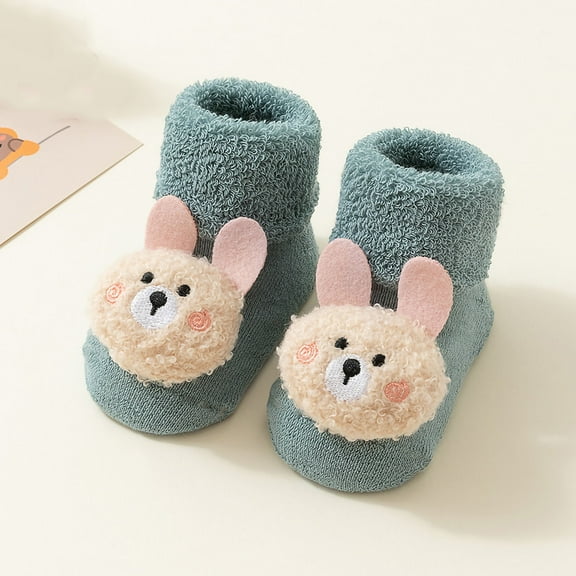 GUZOM Kids Socks for Girls 0-24 Months, Green Non-Slip Cotton Socks with 3D Bunny, Bootie-Style Warm Terry Cuff, Skin-Friendly Breathable for Crawling/Walking,Size M