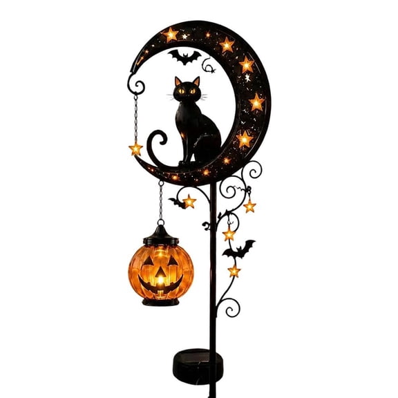 Halloween Black Cat Pumpkin Garden Stake Light, Wrought Iron Moon Pathway Decor for Lawn Yard Patio Outdoor Display
