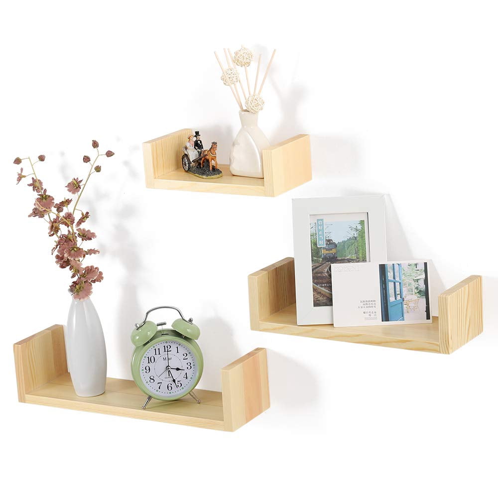 NEX Floating Shelves Wall Mounted Rustic Wood Wall Shelves Set of 3, U-Shaped Light Natural (NX-HK84-32)