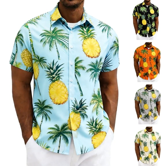 UVEASISHA Mens Short Sleeve Hawaiian Shirts Casual Pineapple Palm Tree Printed Button Down Shirt Summer Tropical Beach Vacation Clothes Birthday Gifts for Dad Yellow L