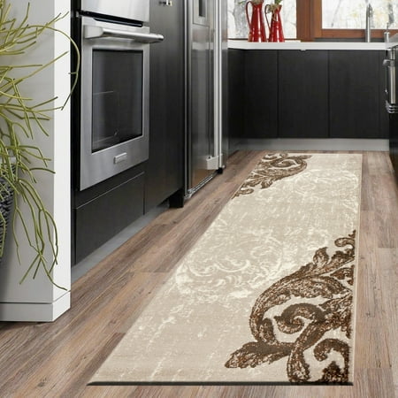 7 Ft Runner LR Home Infinity 2x7 Cream Beige Brown Swirl Feather Damask Distressed Indoor Contemporary Modern Runner Rug - 2 ft. 1 in. x 7 ft. 5 in. ()