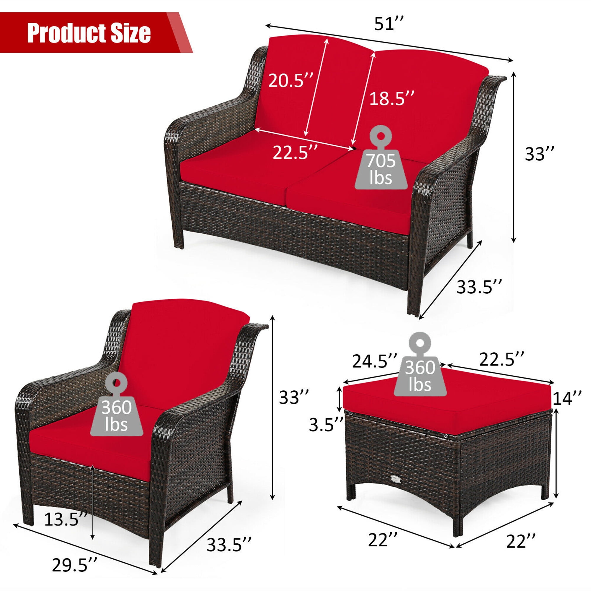Gymax 5PCS Rattan Patio Conversation Sofa Furniture Set Outdoor w/ Red Cushions