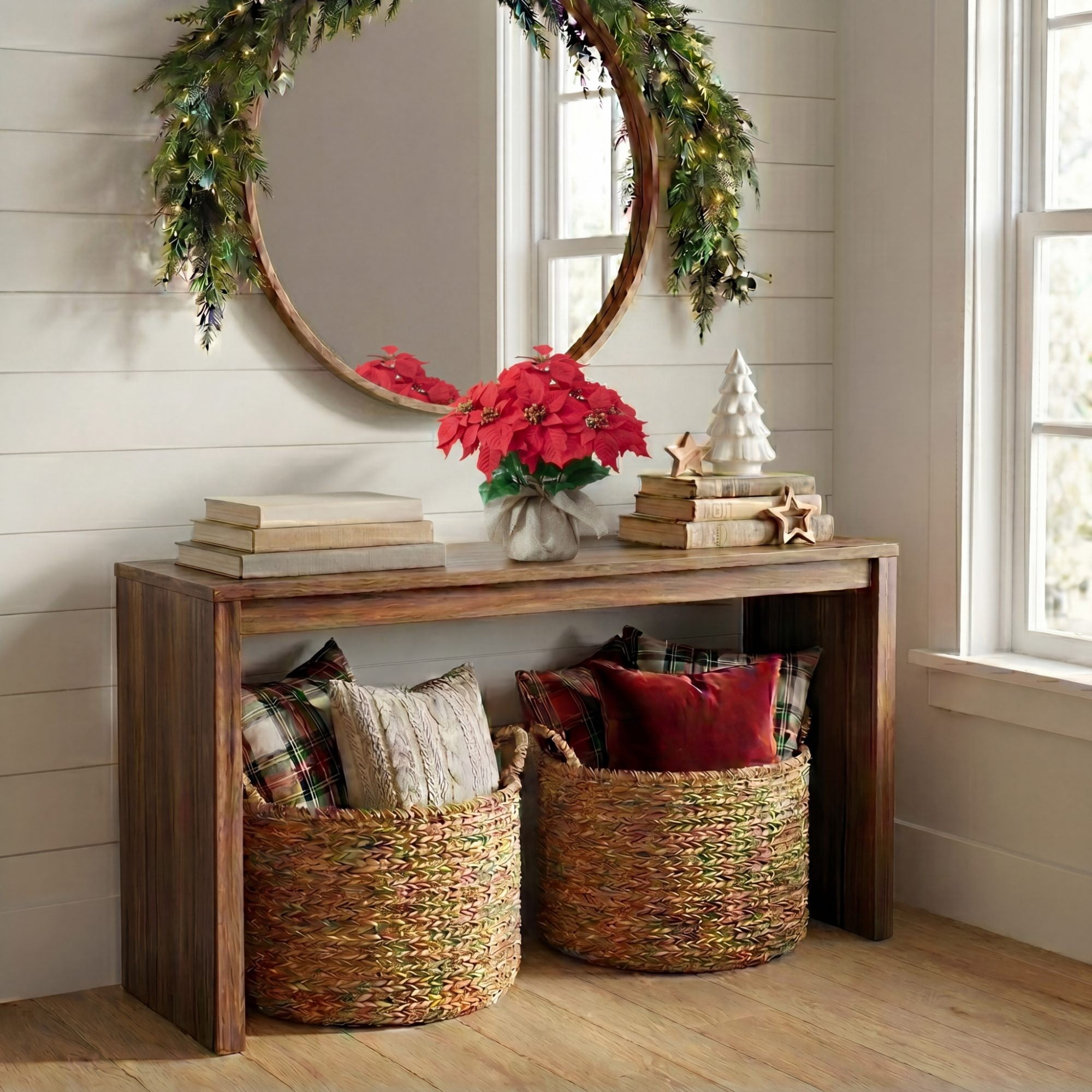 16in. Artificial Poinsettia Arrangement in Burlap Planter