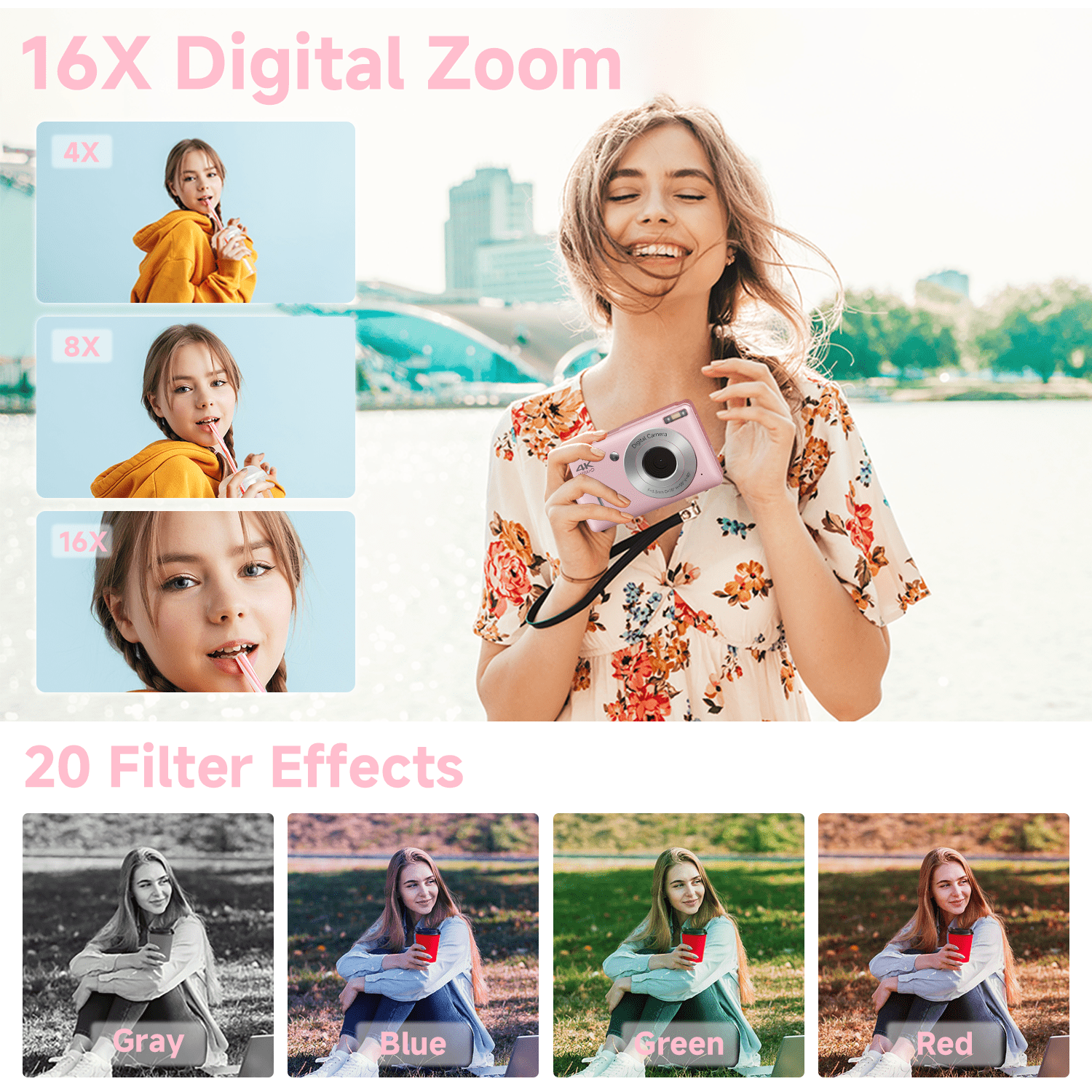 KEEPBERRY fhd Point and Shoot Digital Camera for Kids with , smile Capture, 20 Filters, Built-in Flash & USB-C Cable (Pink)