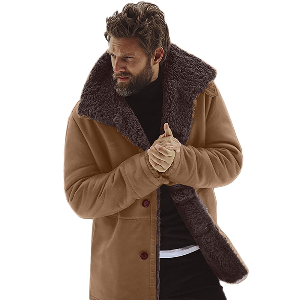 Men's Winter Sheepskin Jacket Warm Wool Lined Mountain Faux Lamb ...