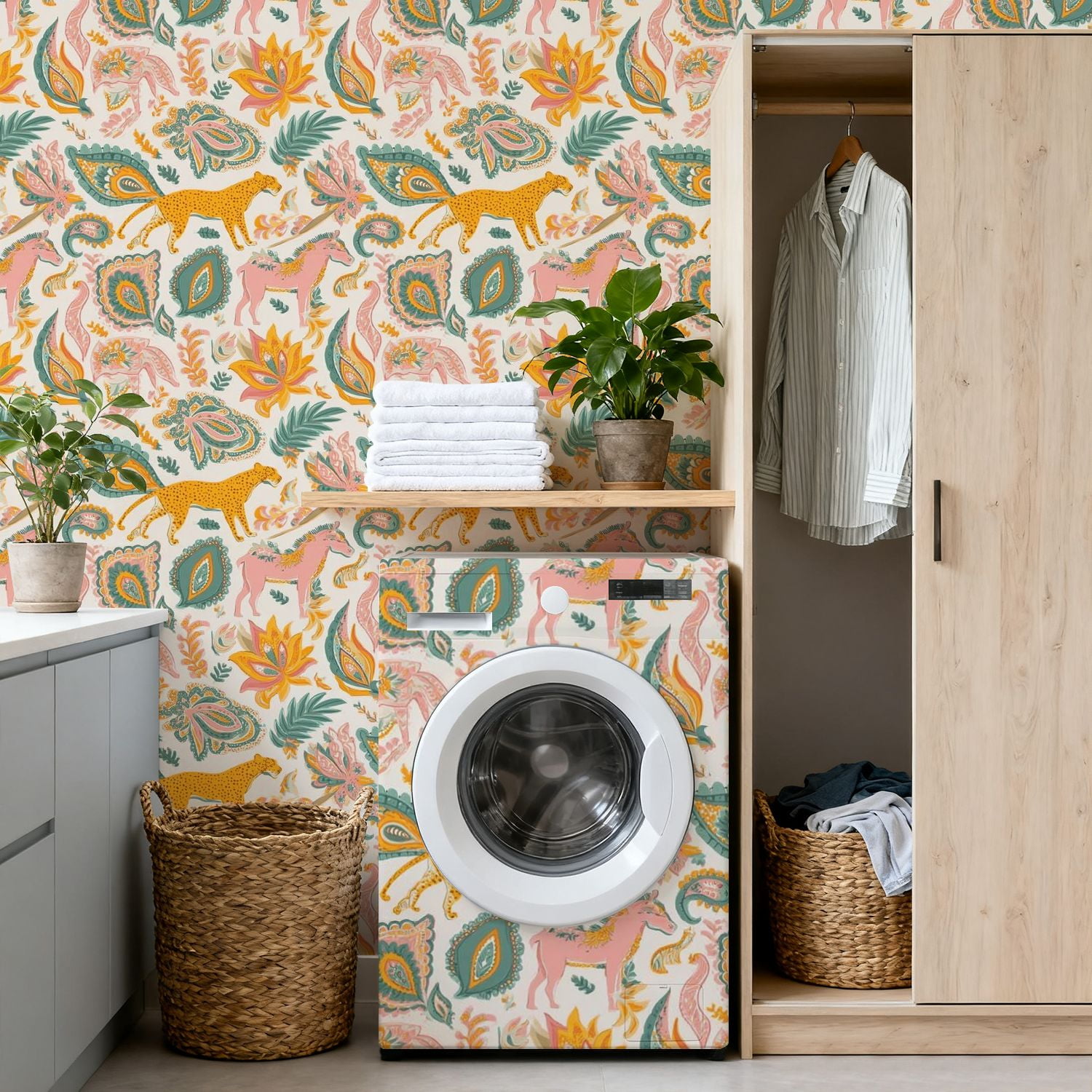 Paisley Peel and Stick Wallpaper 17.7in x 9.8ft Colorful Floral Animal Leopard Horse Illustrations Contact Paper Vinyl Waterproof Self Adhesive Wall Paper for Bedroom Shelf Cabinet Renter Friendly