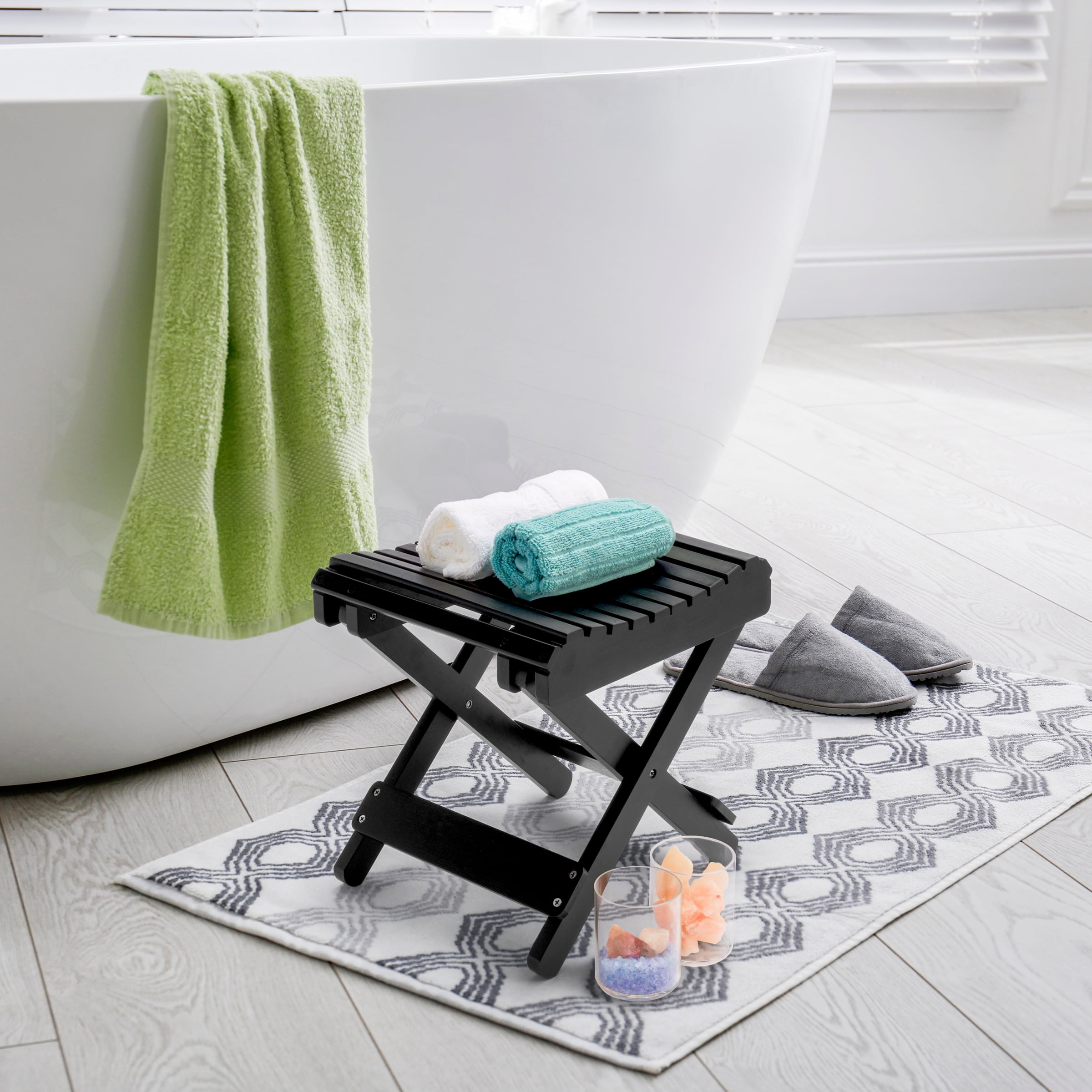 Sorbus Bamboo Folding Step Stool Bench, Portable Collapsible Wooden Seat, Black