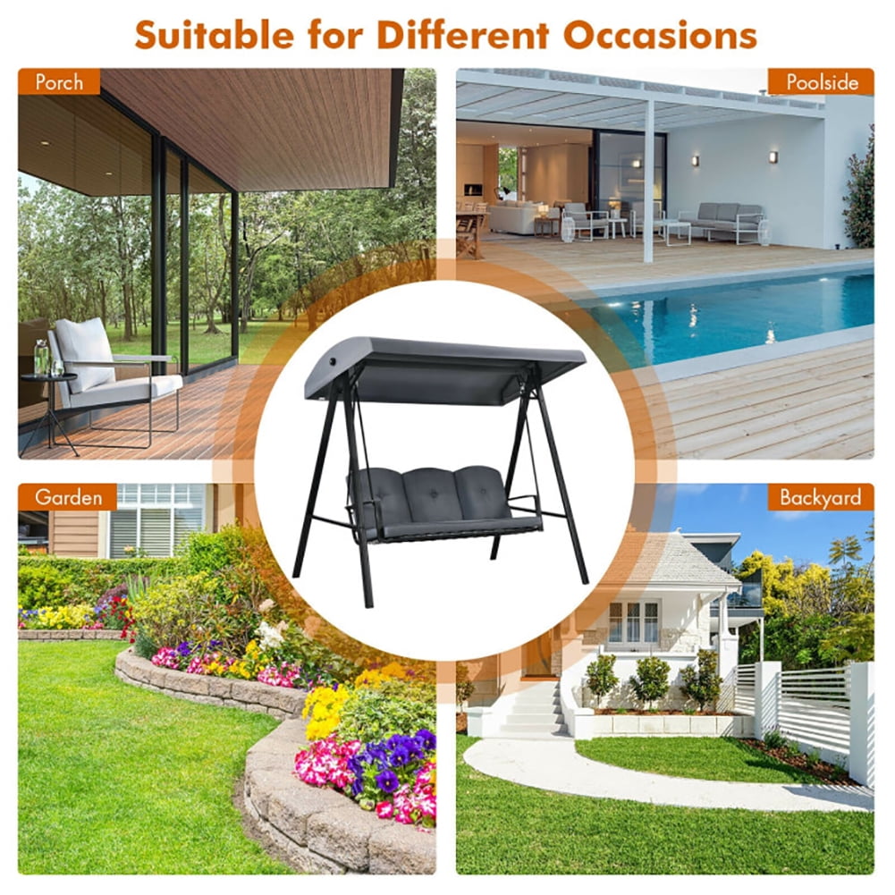 Aimee Lii Outdoor 3-Seat Porch Swing with Adjust Canopy and Cushions, Swing Chair Outdoor, Gray