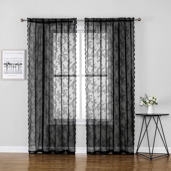 Luoshdecor Black Lace Curtains 55x72 in, Rustic Floral Gothic Semi Sheer Curtains Filtering Lacy Curtain Drapes for Living Room Bedroom